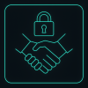 Minimalist escrow icon, digital lock and handshake, turquoise cyan lines, retro-futurist HUD style