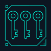 Multi-signature wallet icon, three digital keys, turquoise cyan, geometric HUD