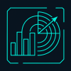 Vendor analytics icon, bar chart and radar, turquoise cyan, retro-futurist